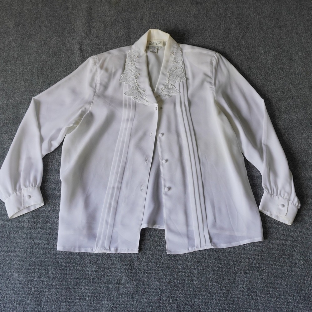 Vintage Cathy Che White Blouse Lace Collar Button Down Long Sleeve Size 18‎